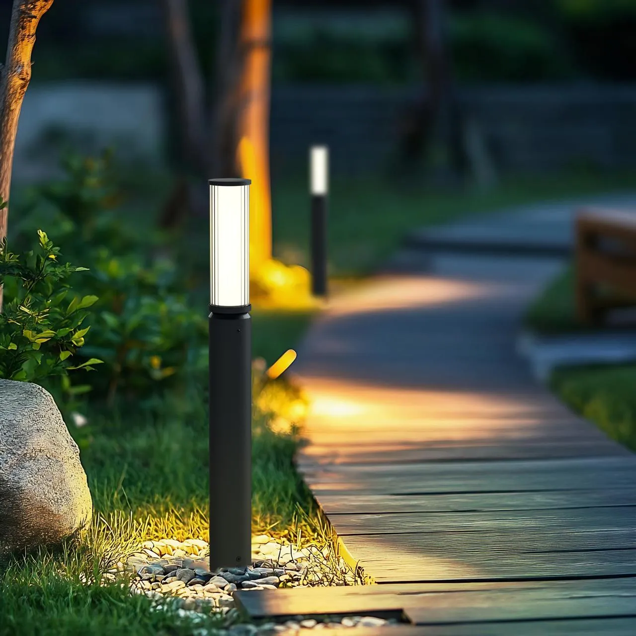 Fluted cylindrical bollard lighting a paved garden path