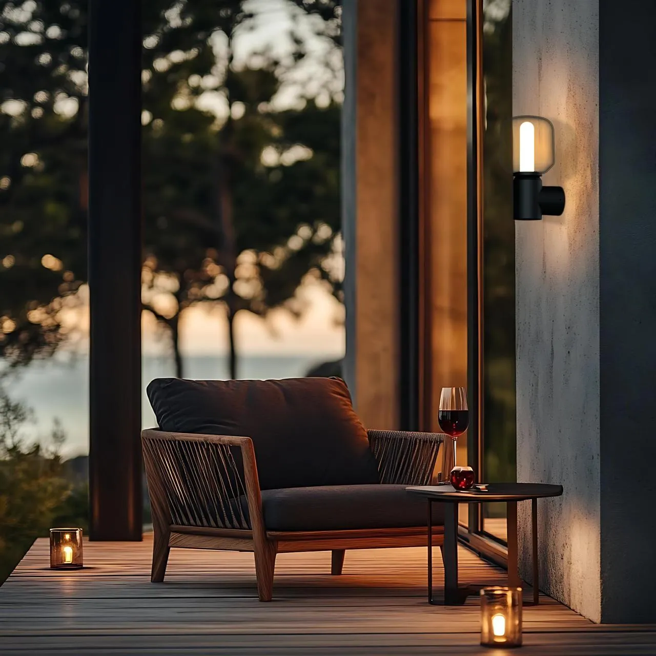 Globe wall light mounted on a concrete column beside an outdoor seating area